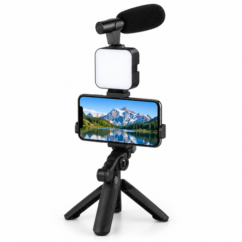 3-in-1 Professional Video Making Vlogging Kit – Complete Smartphone Rig with Shotgun Microphone, 36-LED Video Light, Mini Tabletop Tripod & Bluetooth Remote for YouTube, Live Streaming & Content Creation