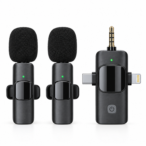 3-in-1 Universal Wireless Lavalier Microphone – Omnidirectional Condenser Clip-On Mic with iPhone, Type-C & 3.5mm Connectors for Cameras, Computers, Smartphones & Live Streaming