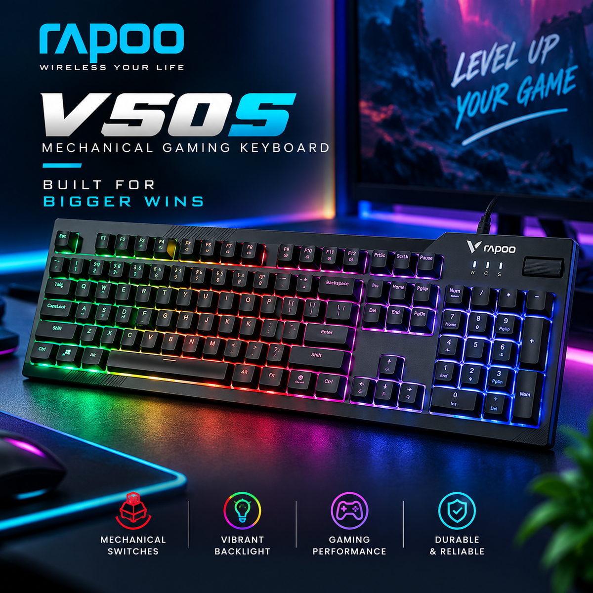 Rapoo V50S Backlit Mechanical Gaming Keyboard (Black) – Tactile Mechanical Switches, Multi-Color Backlighting, Anti-Ghosting, Durable Build & 2-Year Warranty