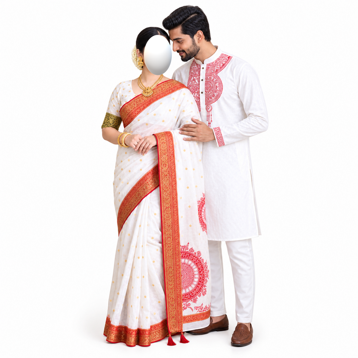 Special Puja Collection: Traditional Red-and-White Couple Set