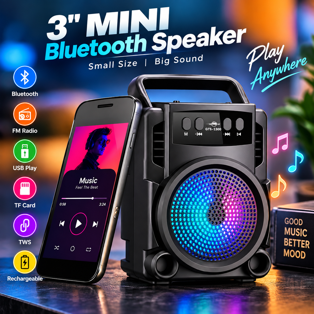 GTS 3-Inch Portable Wireless Mini Bluetooth Speaker – 5W PMPO Sound, TWS Stereo, FM Radio, USB & TF Card Support with Rechargeable Battery