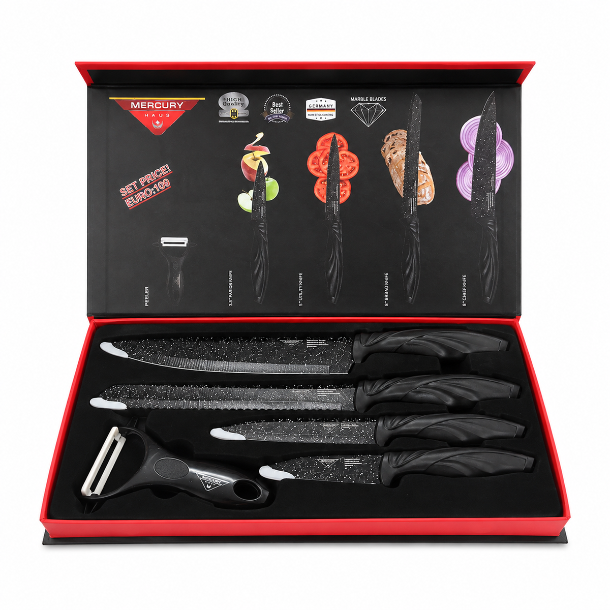 Zepter 5-Piece Non-Stick Kitchen Knife Set – Super Sharp High-Carbon Stainless Steel Knives with Peeler & Ergonomic Curved Blades for Cutting, Fruit & Vegetables