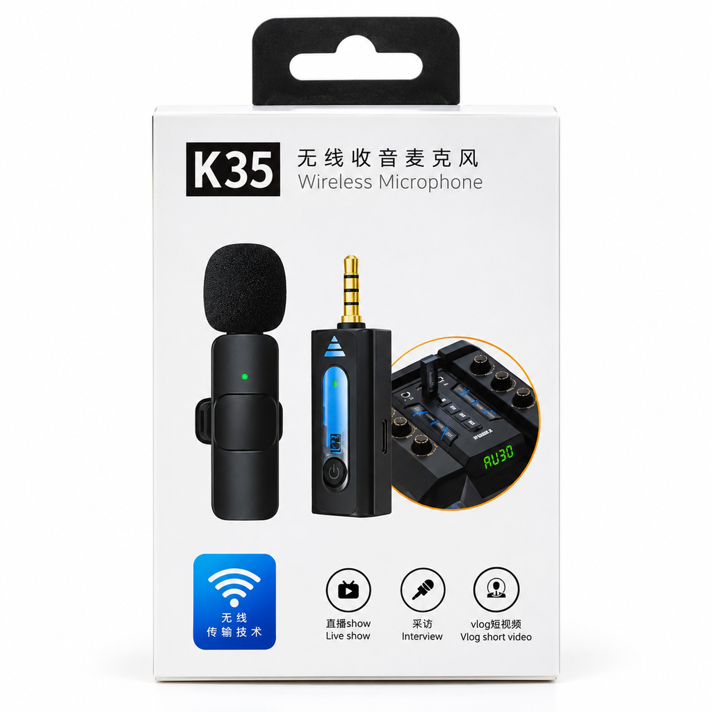 K35 Wireless Collar Lavalier Microphone – 2.4GHz Clip-On Mic with 20M Range, 3.5mm Aux Receiver, 5H Battery & Plug-and-Play for Vlogging, Interviews, YouTube & Live Streaming