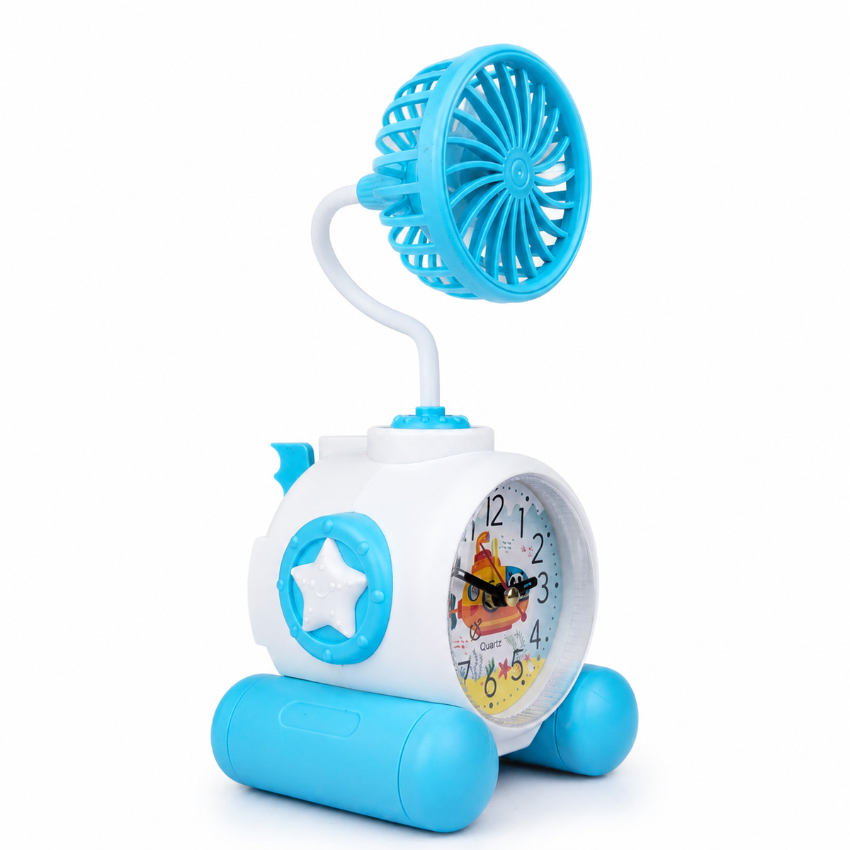 2-in-1 Cute Cartoon/Astronaut Alarm Clock with USB Rechargeable Mini Fan | Silent Desk Fan & Clock Combo for Kids Study Table & Office Decor