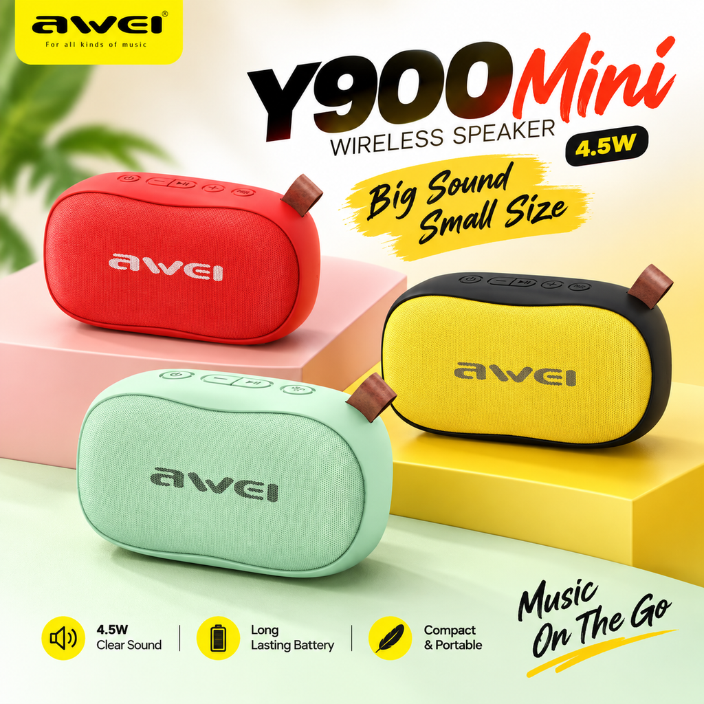 Awei Y900 Mini Portable Wireless Bluetooth Speaker – 4.5W Output, Bluetooth 4.2, Hands-Free Calling, TF Card Support & 1200mAh Battery (6 Months Warranty)
