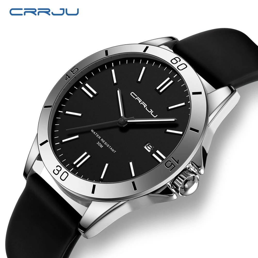 CRRJU 5025 Men's Stylish Premium Quartz Watch – Minimalist Dial, Rotating Bezel Look, 3ATM Water Resistant, Soft Silicone Strap & Luminous Hands Sport Wristwatch
