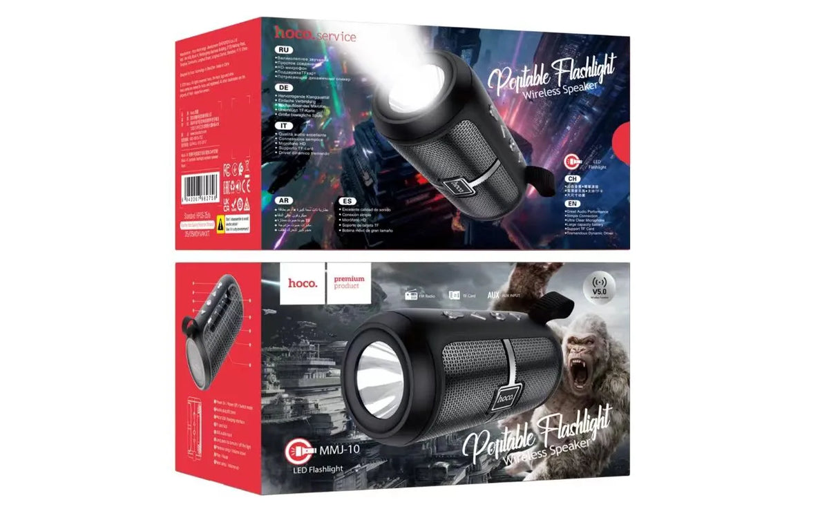 Hoco MMJ10 Portable Flashlight Wireless Bluetooth Speaker – Built-in LED Torch, 1200mAh Battery, TF, USB & FM Radio Support
