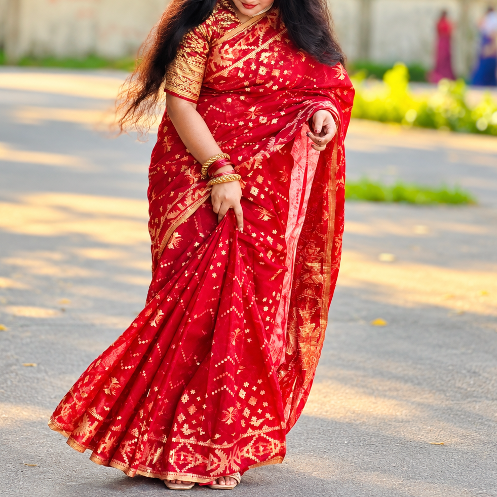 Premium Deep Red and Golden Zari Block-Print Cotton Saree