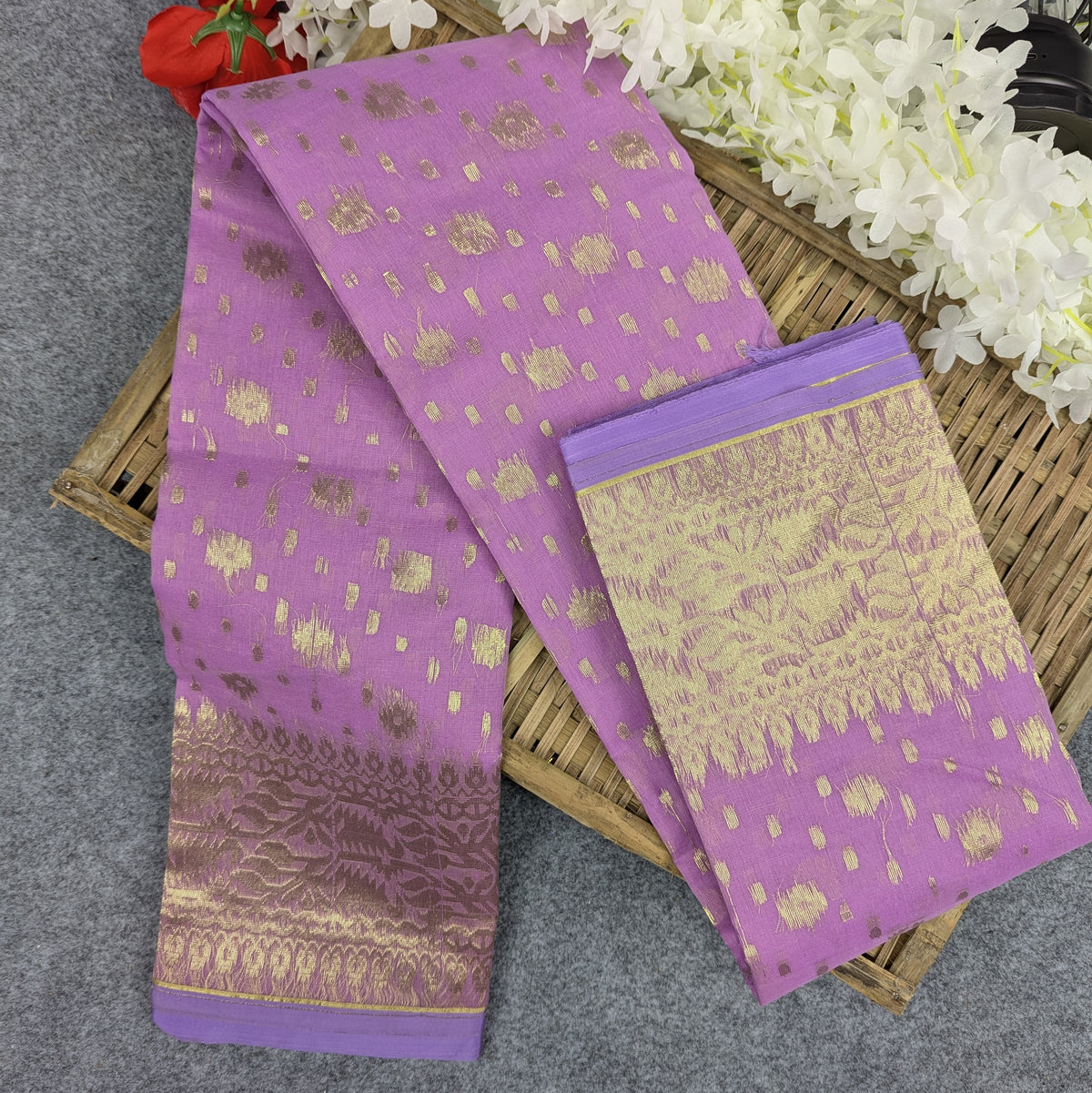 Half Silk Jamdani Saree (Off-White, Red, Purple, Lemon, Light Purple)