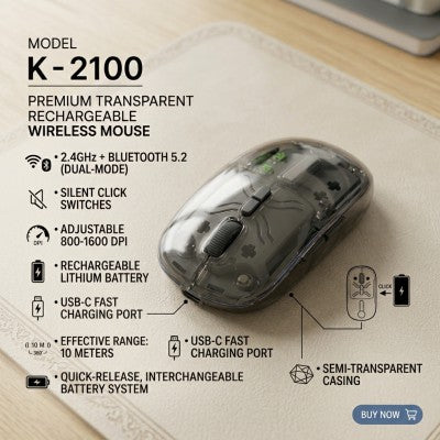 K-2100 Transparent Dual-Mode Rechargeable Wireless Mouse (2.4GHz & Bluetooth 5.2) – Crystal Clear Design, Silent Click, Type-C Charging, 3-Level Adjustable 800/1200/1600 DPI & Wide Compatibility