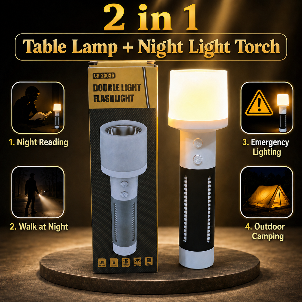 2-in-1 Rechargeable Double Light Torch & Reading Table Lamp – Multifunctional LED Flashlight & Camping Lantern with Dual Button Control & USB Charging