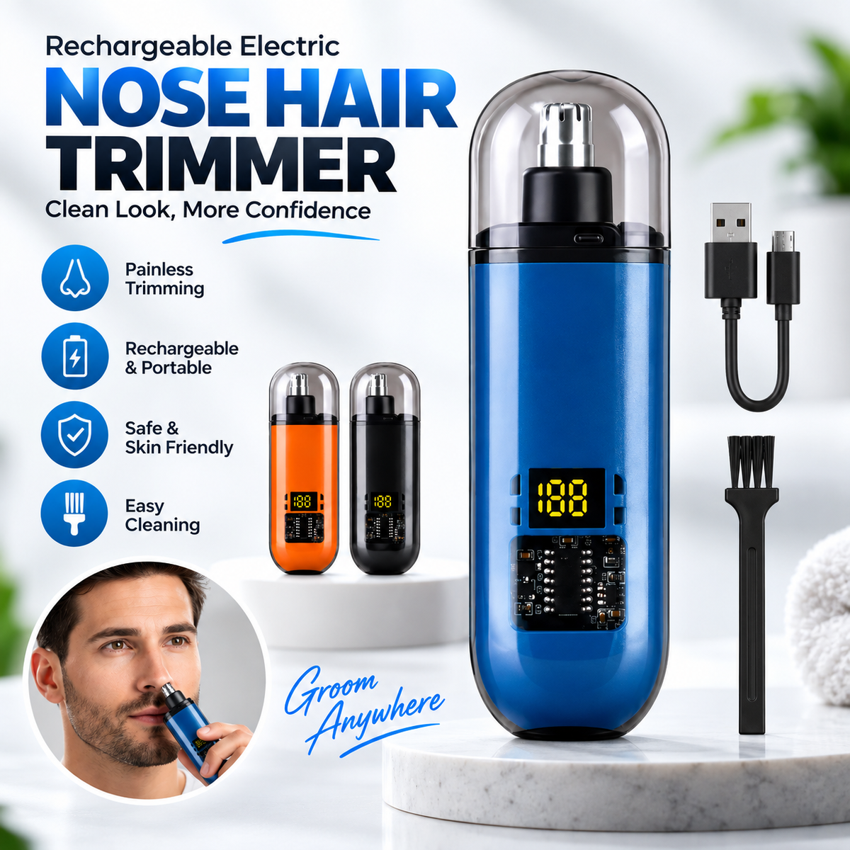 Rechargeable Electric Nose Hair Trimmer for Men & Women – Painless Stainless Steel Washable Grooming Kit with USB Fast Charging & Compact Travel Design