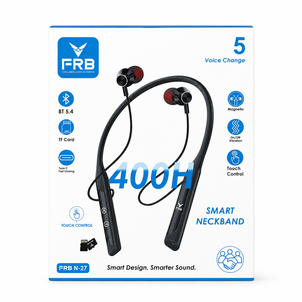 FRB N-27 Smart Wireless Neckband Earphone – Bluetooth 5.4 In-Ear Headset with 400H Battery Life, TF Card Slot, Type-C Fast Charging, Touch Control & Voice Change Feature