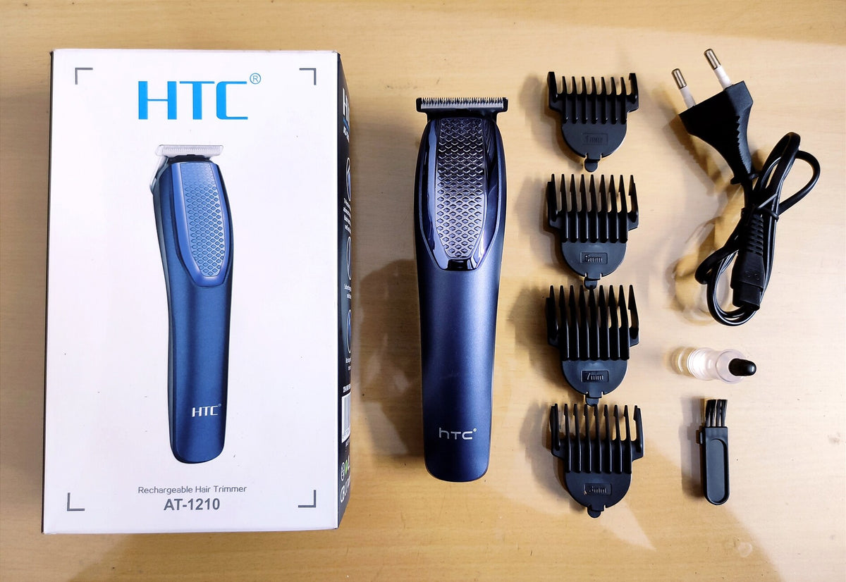 HTC AT-1210 Rechargeable Cordless Beard & Hair Trimmer (Blue) – Dual Battery Support, 4 Clipper Attachments & 45-Min Runtime Grooming Kit