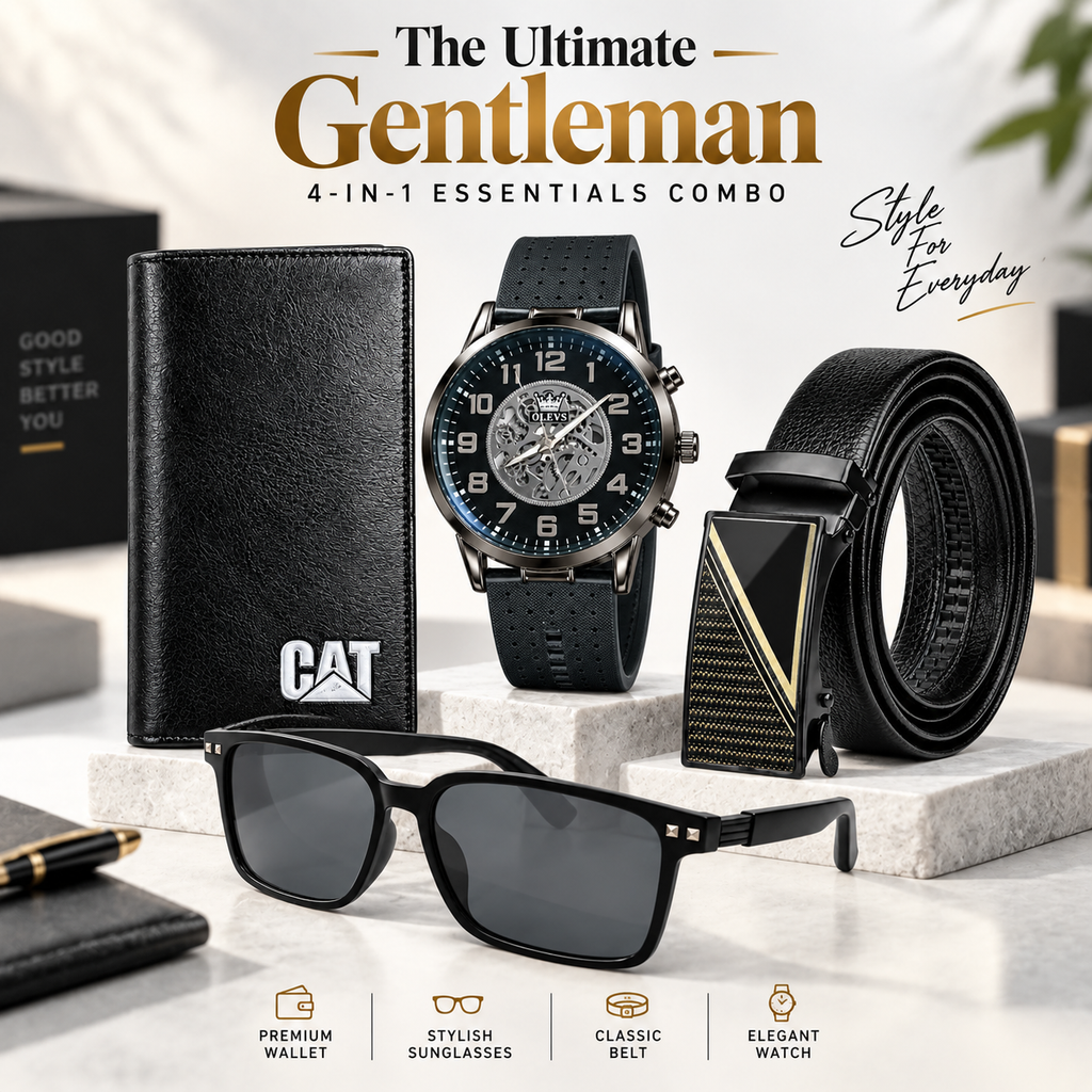 The Ultimate Gentleman's 4-in-1 Essentials Combo(1) – Olevs Skeleton Wrist Watch, Automatic Leather Belt, Wayfarer Sunglasses & Classic Long Wallet Set for Men