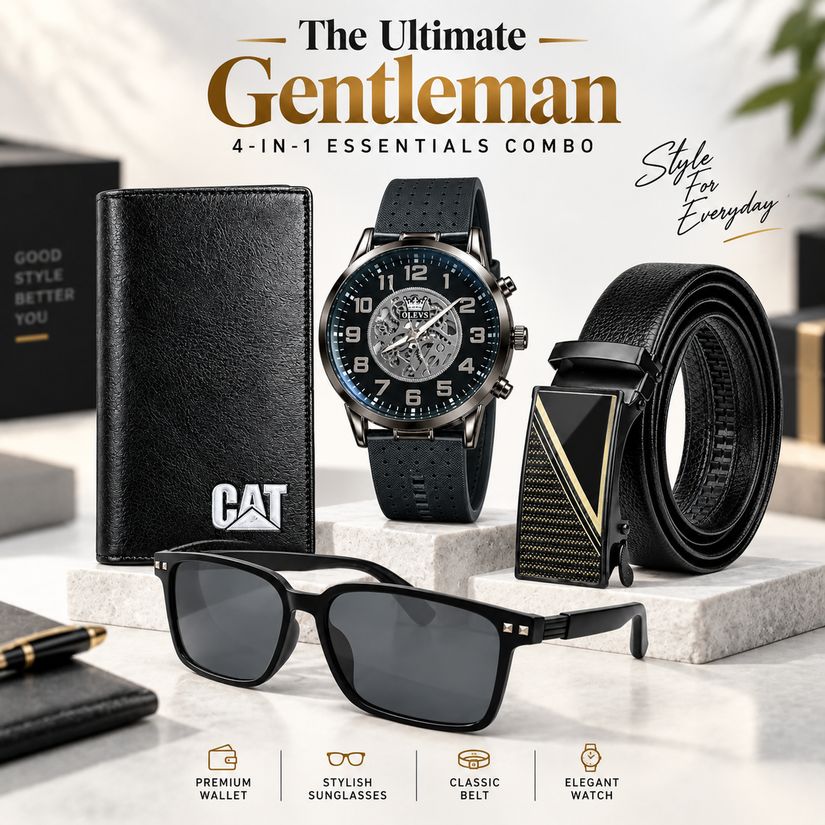 The Ultimate Gentleman's 4-in-1 Essentials Combo(1) – Olevs Skeleton Wrist Watch, Automatic Leather Belt, Wayfarer Sunglasses & Classic Long Wallet Set for Men
