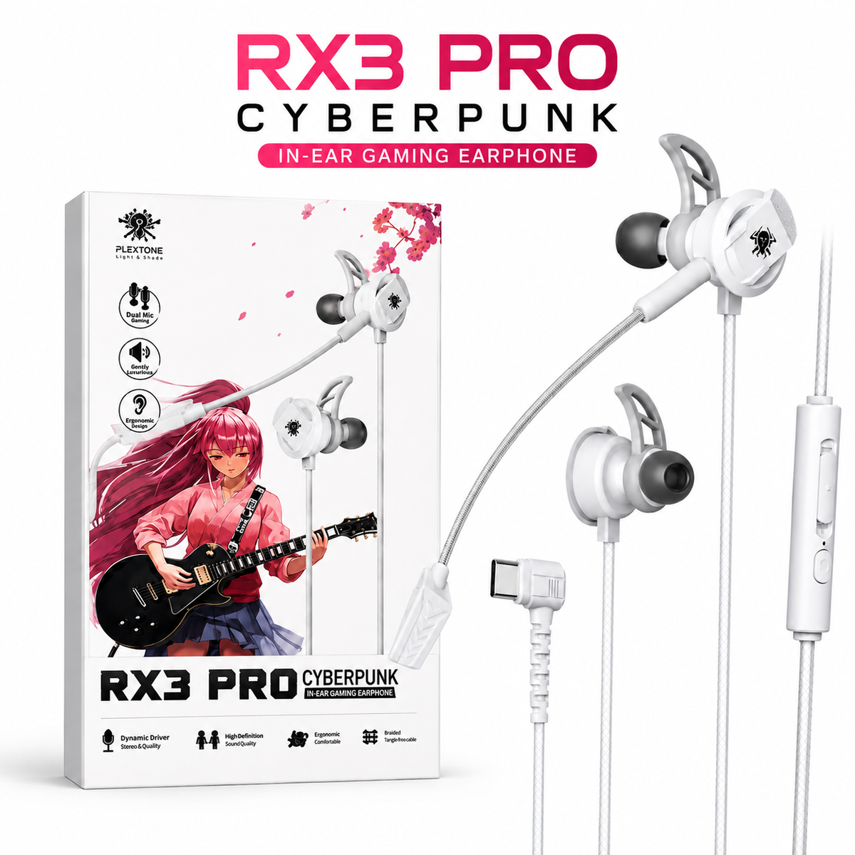 Plextone RX3 Pro Cyberpunk In-Ear Gaming Earphone – Wired Headset with Dual Microphones, Dynamic Driver Stereo Sound, Ergonomic Comfortable Fit & Tangle-Free Braided Cable