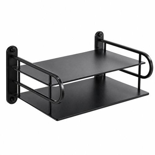 2-Layer Wall Mounted WiFi Router Stand & Storage Box – Black Aluminium Metal Set-Top Box Holder, Modem Shelf & Cable Organizer for Home and Office