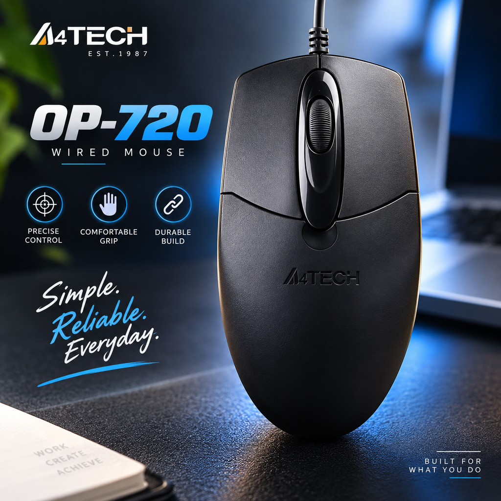 A4Tech OP-720 Wired Optical Mouse – 1200 DPI, Ergonomic Symmetric Design, Plug & Play, 1.5M USB/PS2 Cable & Durable Build for Office & PC