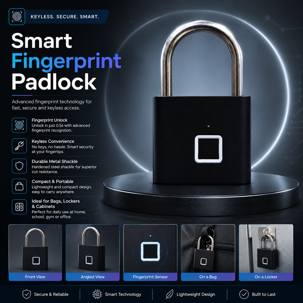 Smart Fingerprint Padlock – Keyless Biometric Thumbprint Lock with 10 User Capacity, USB Rechargeable Battery & Portable Security for Doors, Bicycles & Toolboxes