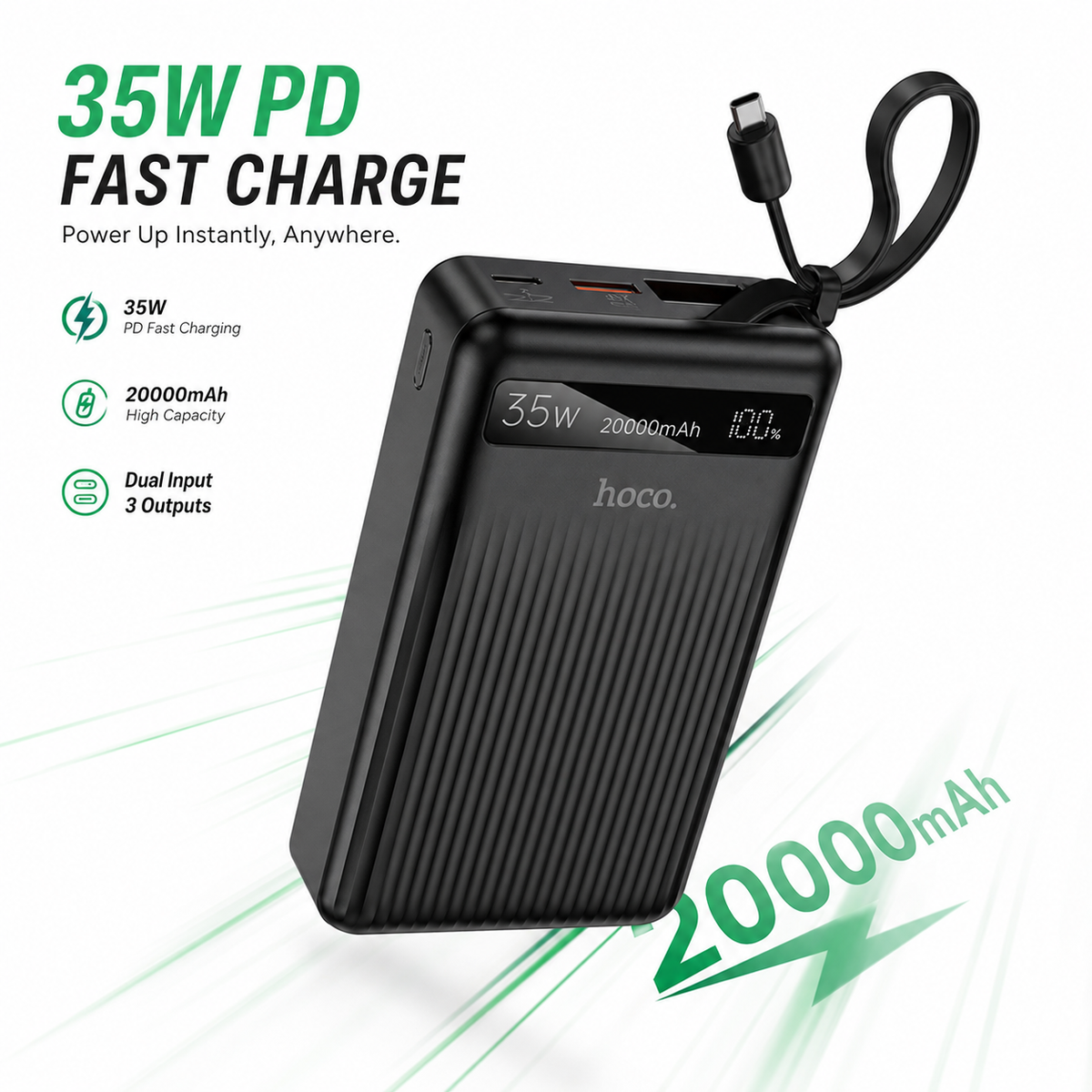 Hoco MMJ-04 20000mAh 35W PD Fast Charging Power Bank with Built-in Type-C Cable, LED Digital Display, QC3.0 & 22.5W Super Fast Charger for iPhone, Samsung, iPad & Type-C Devices
