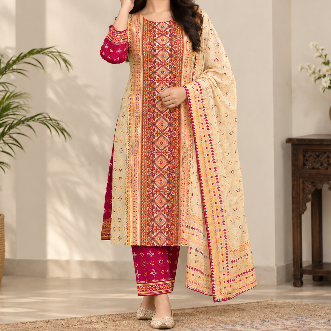 Premium Cotton Block and Digital Print Three-Piece Set