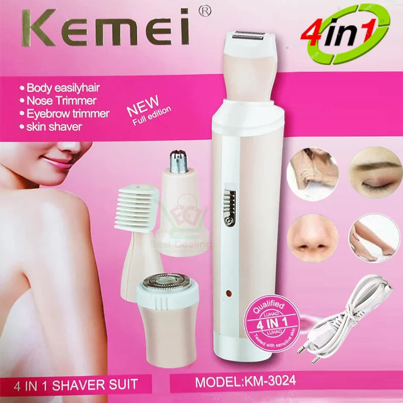 Kemei KM-3024 4-in-1 Rechargeable Women’s Grooming Kit – Painless Body Shaver, Nose, Eyebrow & Facial Hair Trimmer with Cordless Design