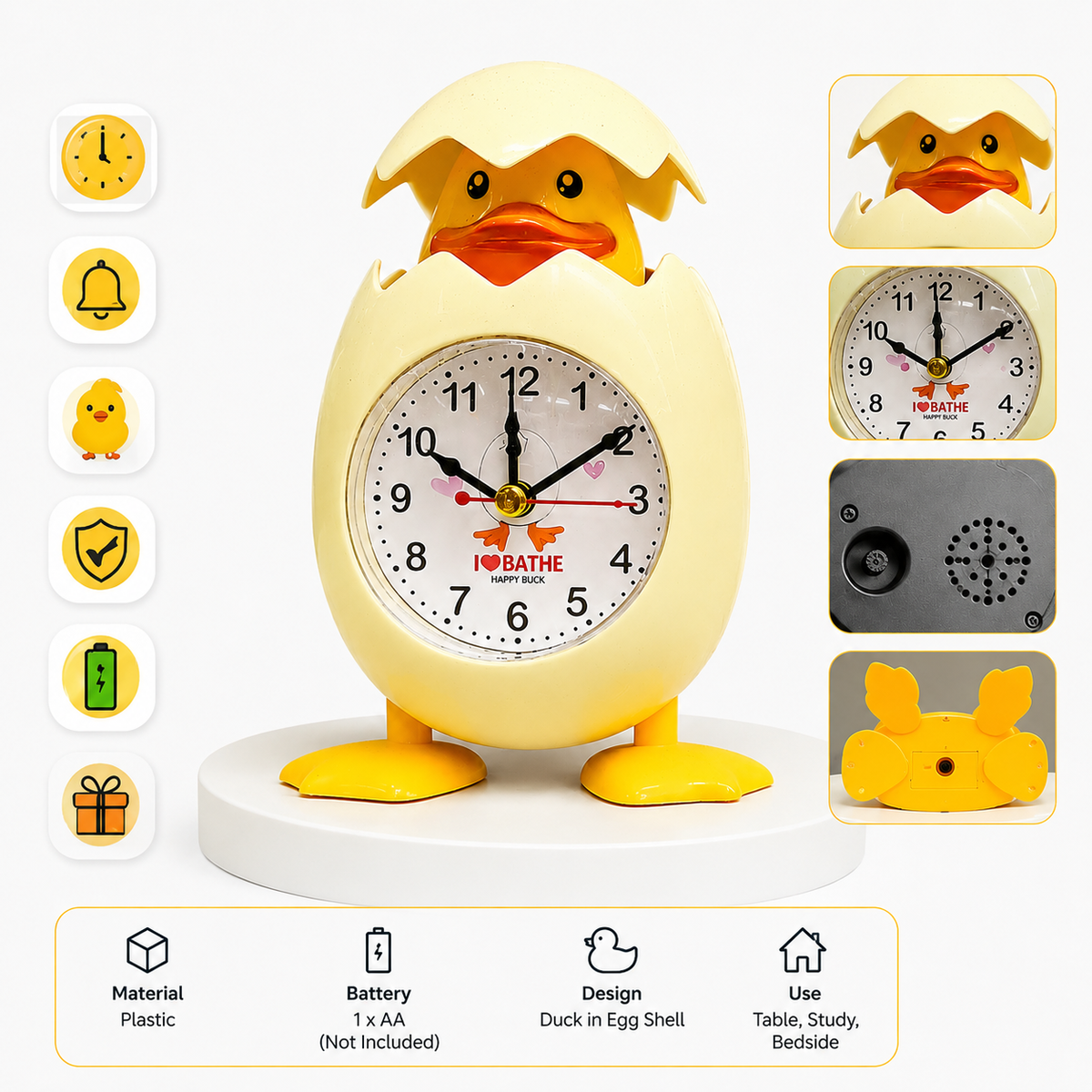 Cute Duck Egg Shell Cartoon Alarm Clock – Kids Desk & Bedroom Table Clock with Night Light