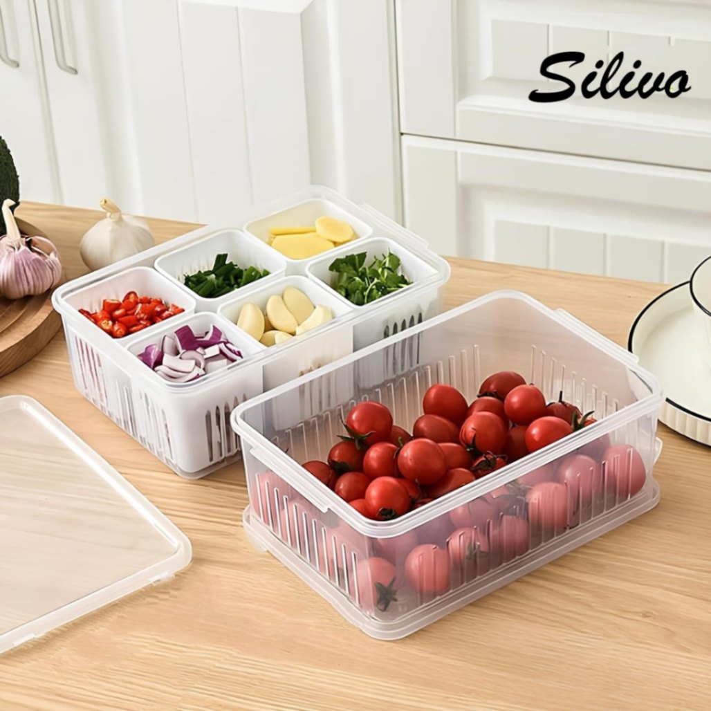 6-Grid Fridge Storage Box – Multi-Compartment Plastic Food Organizer & Spice Container for Refrigerator Kitchen Storage