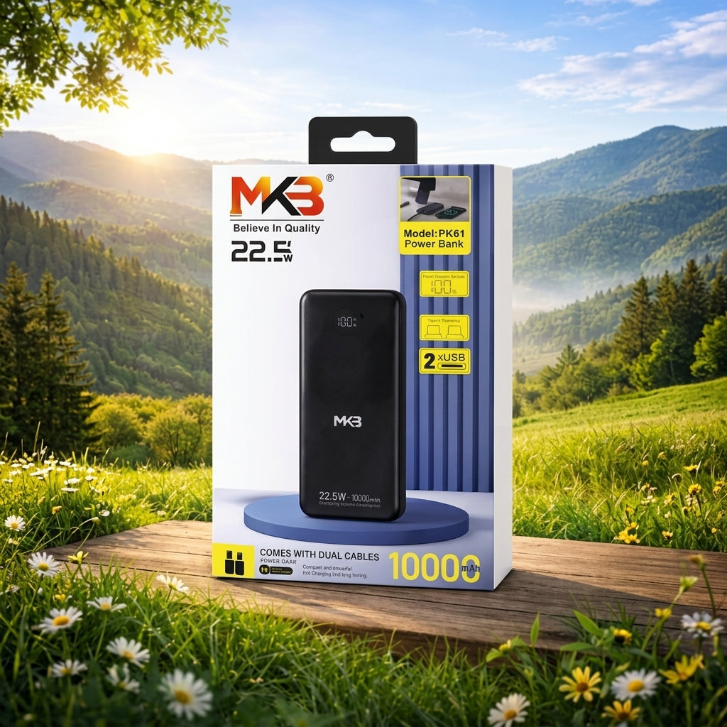 MKB PK61 22.5W PD OUTPUT 10000mAh POWER BANK WITH DIGITAL DISPLAY & DUAL CABLES