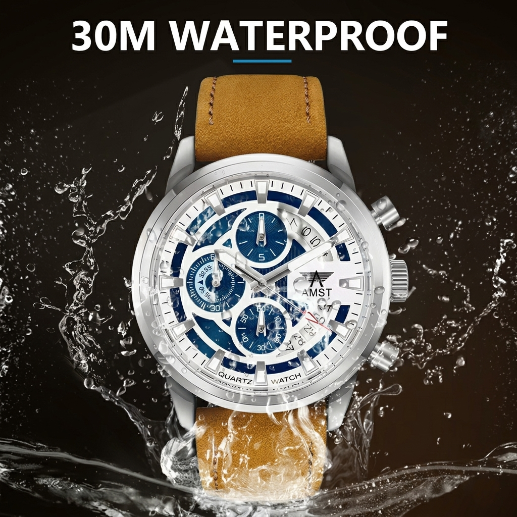 AMST 3068 Stylish Men's Luxury Chronograph Watch – White & Blue Dial, Silver Stainless Steel Case, Premium Tan Leather Strap, Date Display & Quartz Movement Sport Wristwatch