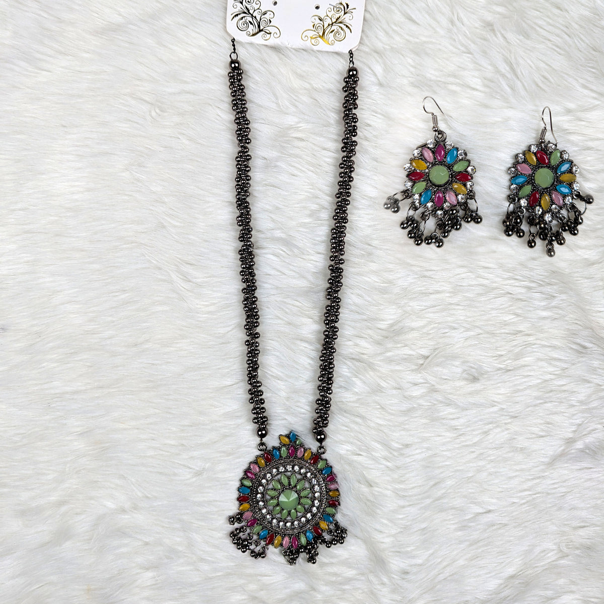 Antique Oxidized Necklace & Earrings Set – (Multiple Colors Available)