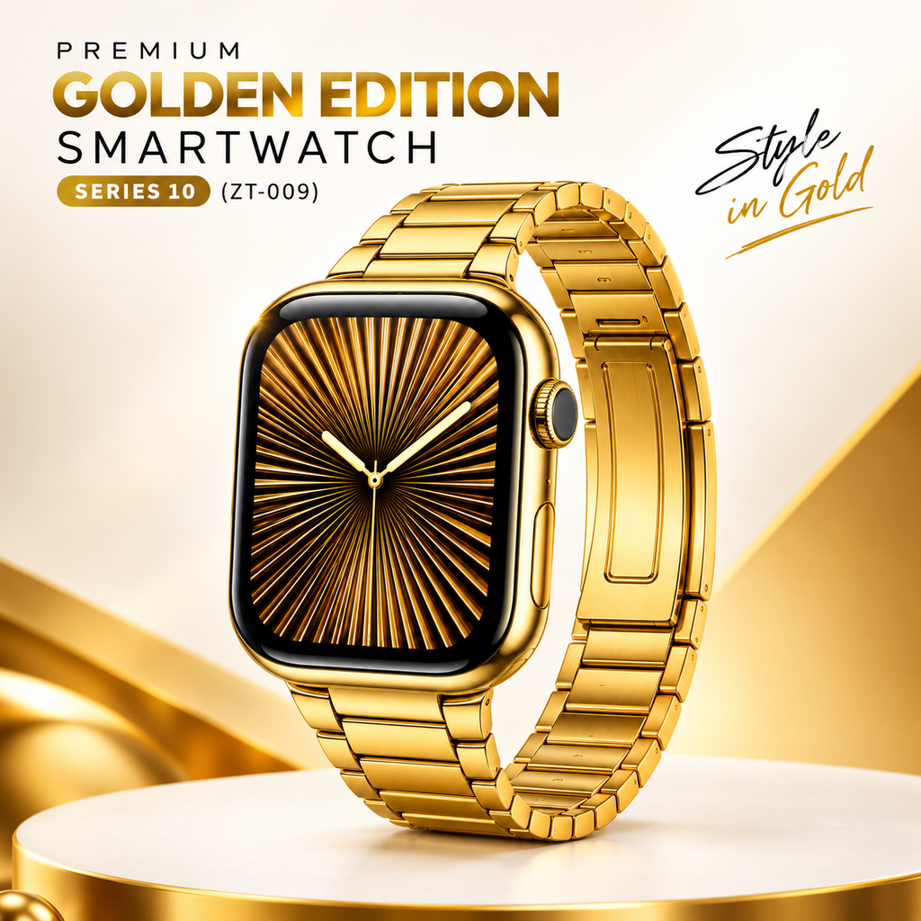 ZT-009 Series 10 Golden Edition Smartwatch (7-in-1 Combo) – 49mm Bold Case, 2.01" Infinite Display, Bluetooth Calling, 7 Interchangeable Straps (Metal Chain & Silicon) & Wireless Charging