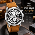 AMST 3068 Stylish Men's Luxury Chronograph Watch – White & Blue Dial, Silver Stainless Steel Case, Premium Tan Leather Strap, Date Display & Quartz Movement Sport Wristwatch