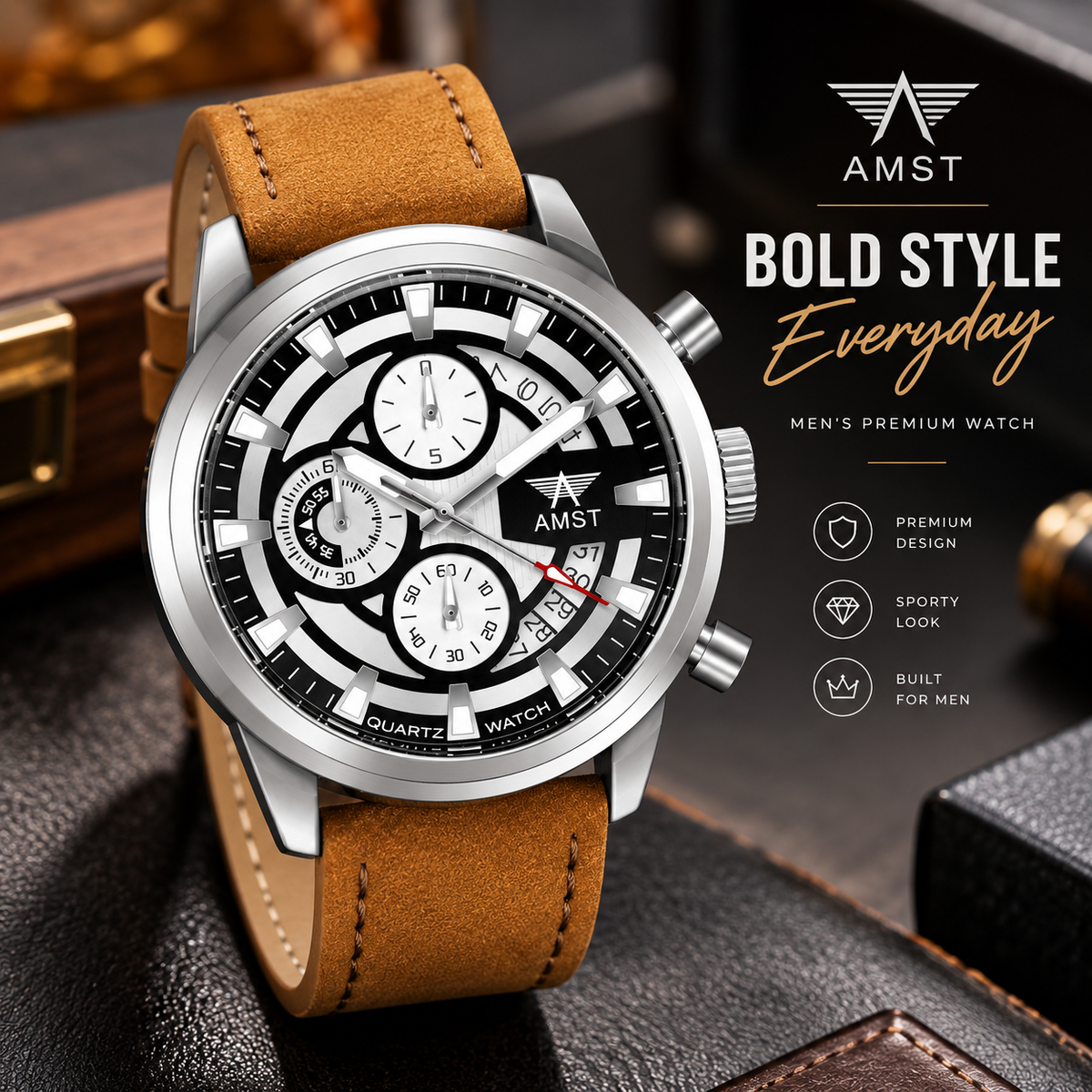 AMST 3068 Stylish Men's Luxury Chronograph Watch – White & Blue Dial, Silver Stainless Steel Case, Premium Tan Leather Strap, Date Display & Quartz Movement Sport Wristwatch