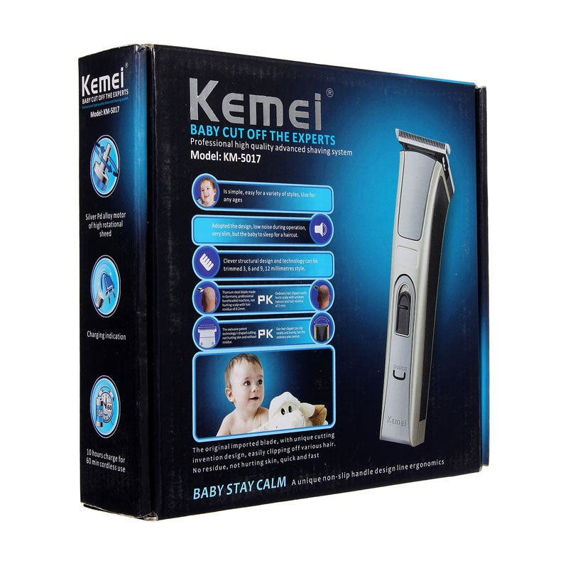 Kemei KM-5017 Professional Rechargeable Hair Clipper & Beard Trimmer – Cordless Grooming Kit with Silver Pd Motor, Carbon Steel Blades & 60-Min Run Time