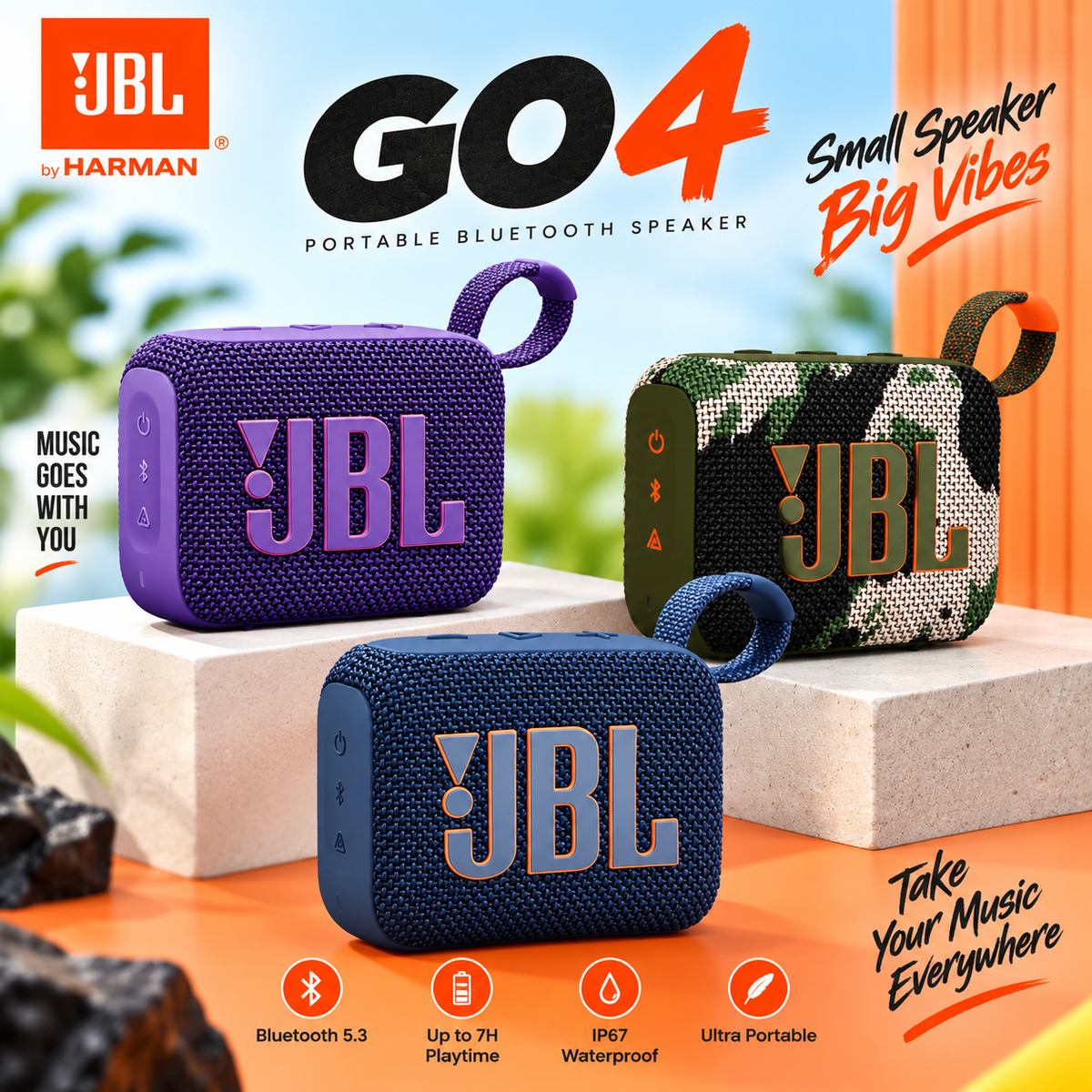 JBL GO 4 Ultra-Portable Waterproof Bluetooth Speaker – JBL Pro Sound, IP67 Dust & Water Resistant, 9 Hours Playtime with Bluetooth 5.3