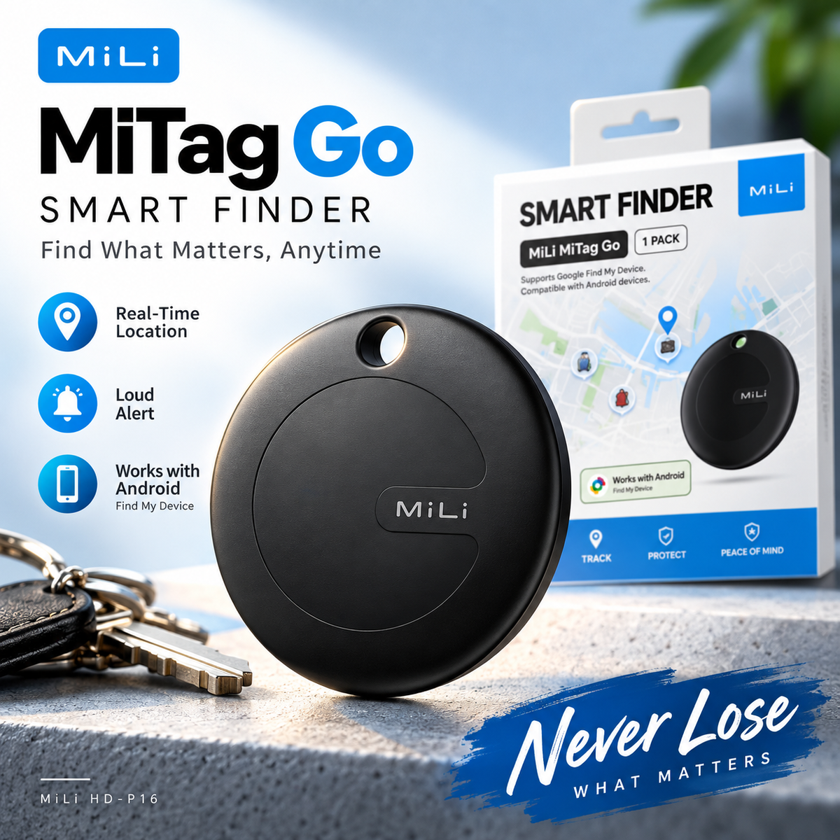 MiLi MiTag Smart Bluetooth Tracker & Item Finder – Dual iOS Apple Find My & Android Google Find My Device Support, Real-Time Location, Loud Ringer, IP67 Waterproof & 1-Year CR2032 Battery