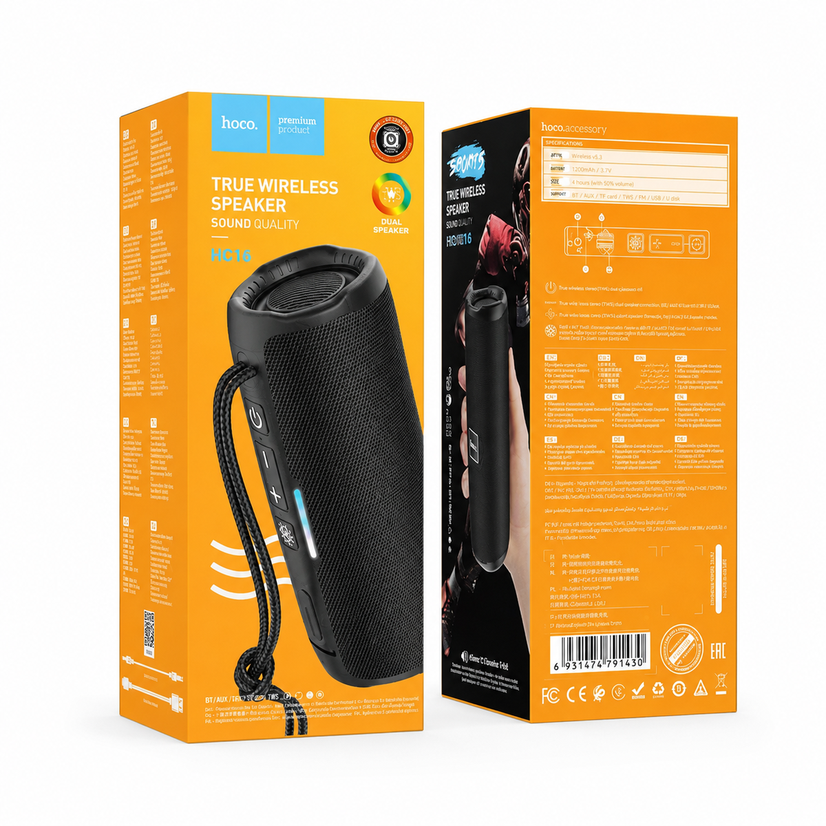 Hoco HC16 True Wireless Portable Bluetooth Speaker – 10W Stereo Sound, RGB Breathing Light, 1200mAh Battery, TF/USB/AUX Support & IPX4 Water-Resistant