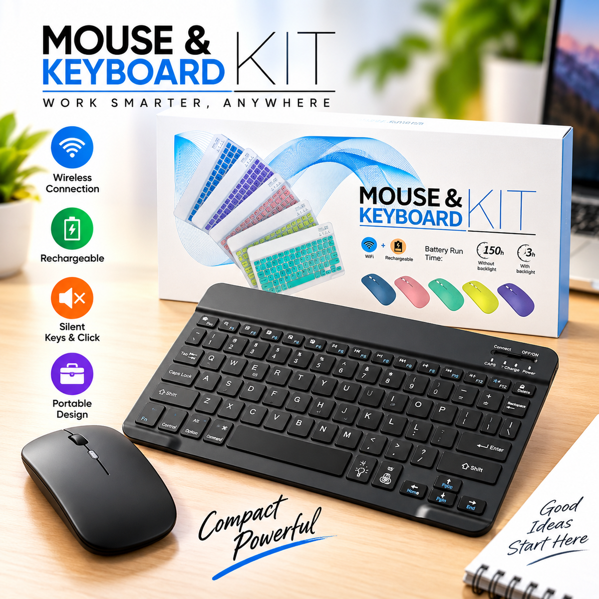 Slim Wireless Mouse and Keyboard Combo Kit – Ergonomic Silent Typing, 2.4GHz Wireless USB Receiver, Sleek Portable Design for Office, PC & Laptop