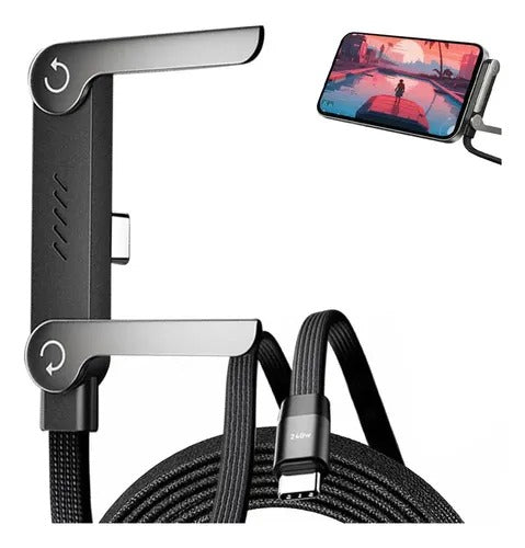 240W 5A Fast Charging & Sync USB-C to USB-C Cable – Braided Cord with Built-in Folding Phone Stand for Landscape & Portrait Viewing