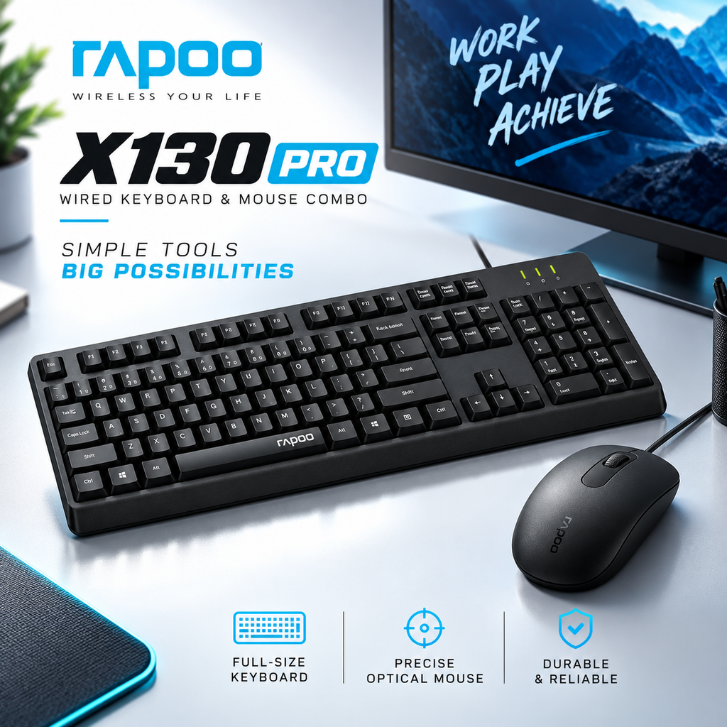 Rapoo X130 Pro Wired Keyboard and Mouse Combo (Black) – Full-Size Layout, High-Precision Optical Mouse, Plug-and-Play USB Connection & 2-Year Warranty
