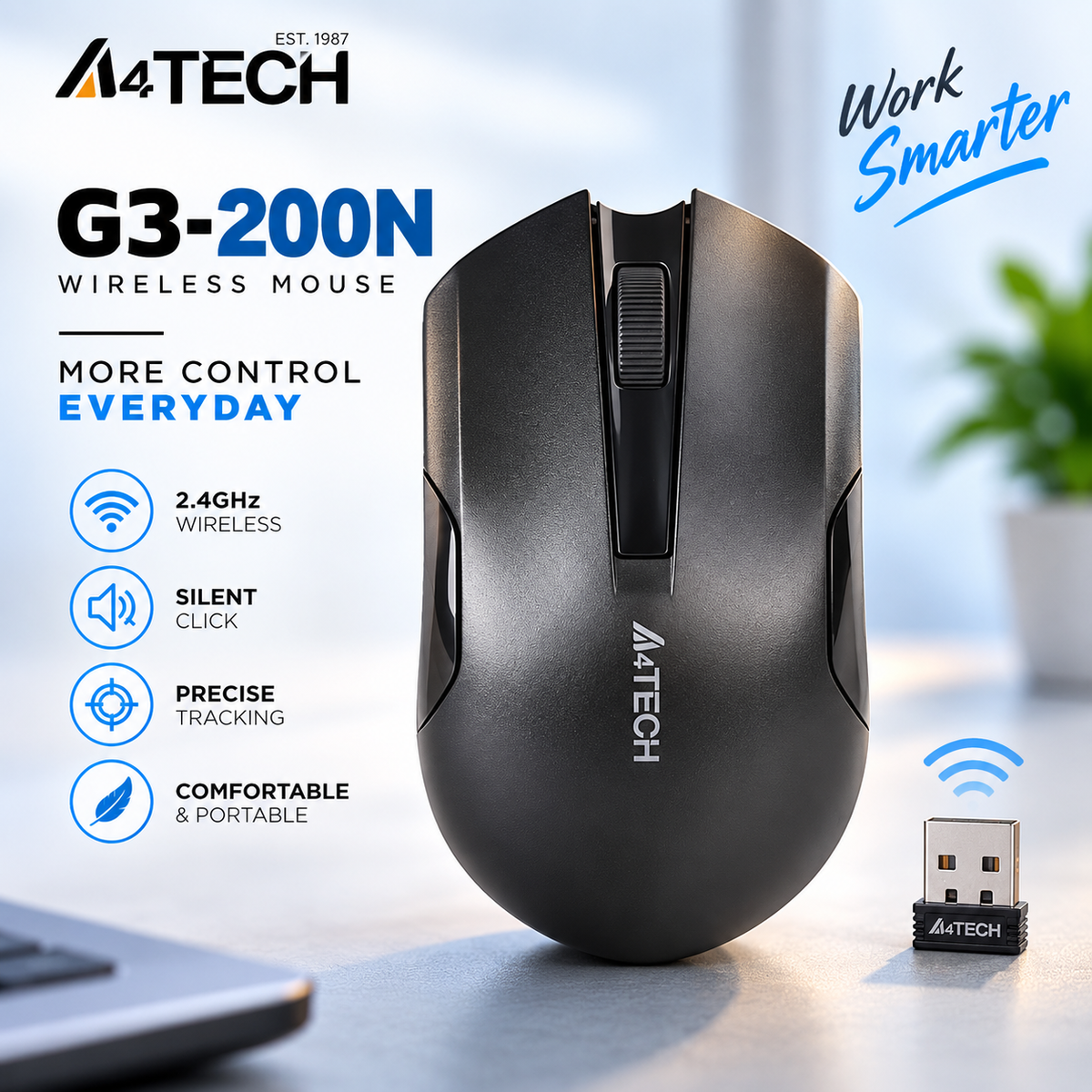 A4TECH G3-200N Wireless Optical Mouse (Vivid Collection) – Vibrant Sporty Colors, Stable 2.4GHz Wireless, Smooth Tracking & Ergonomic Design for Desktop & Laptop
