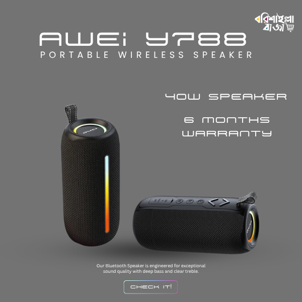 Awei Y788 LED Flashing Soundbar Wireless Bluetooth Speaker – 20W Dual Horns, Bluetooth 5.1, IPX6 Waterproof, TWS Stereo & 2400mAh Battery