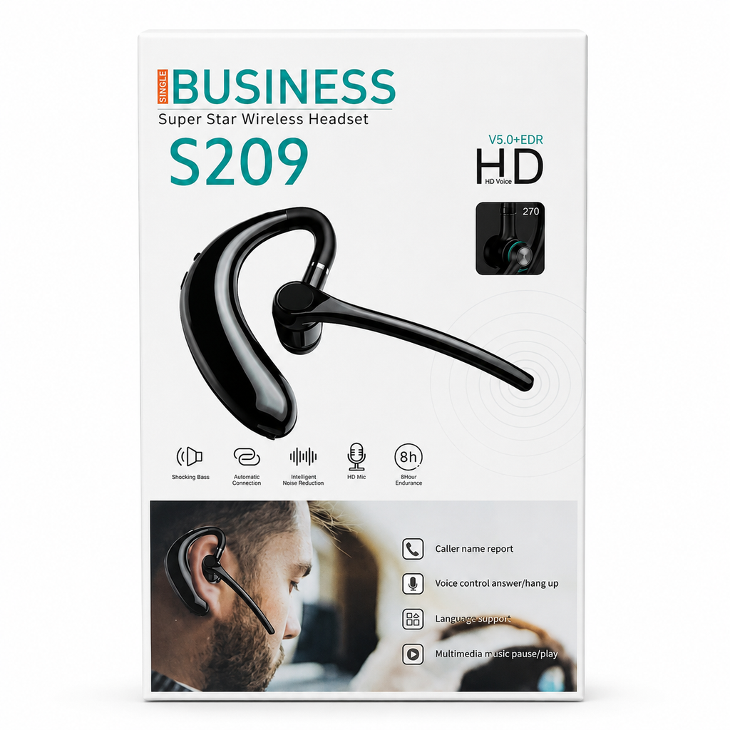 Business Super Star S209 Single Wireless Headset – Bluetooth V5.0 with 270° Rotatable Earhook, HD Mic, Intelligent Noise Reduction & 8H Battery
