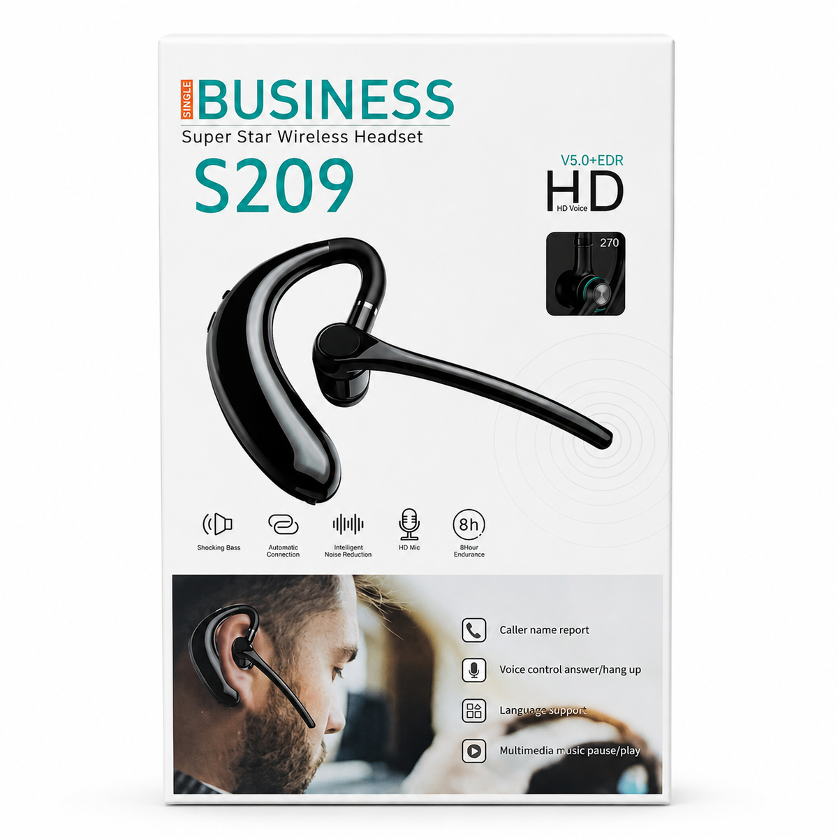 Business Super Star S209 Single Wireless Headset – Bluetooth V5.0 with 270° Rotatable Earhook, HD Mic, Intelligent Noise Reduction & 8H Battery