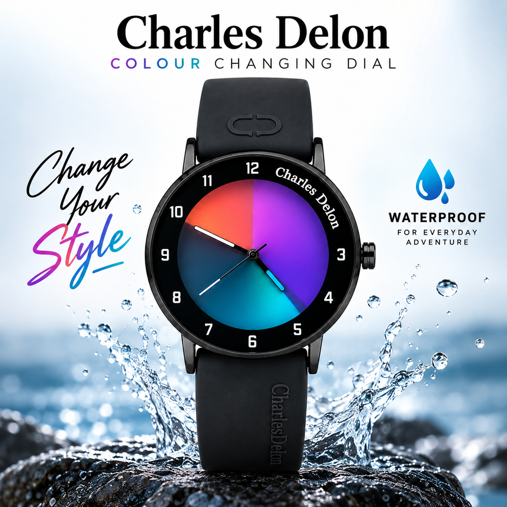 Charles Delon Waterproof Color-Changing Dial Watch for Him & Her – Unisex Black Silicone Strap Gradient Dial Wristwatch