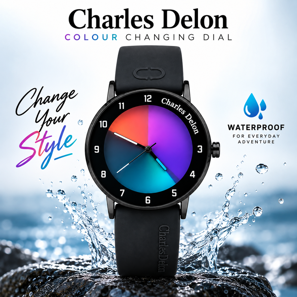 Charles Delon Waterproof Color-Changing Dial Watch for Him & Her – Unisex Black Silicone Strap Gradient Dial Wristwatch