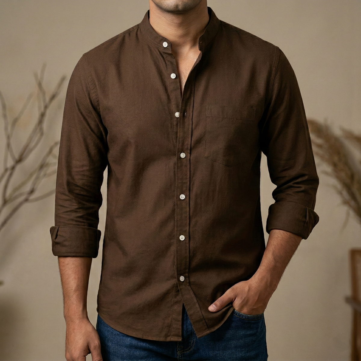 Men's Solid Colour  Ban color Shirt  ( deep Sepia )