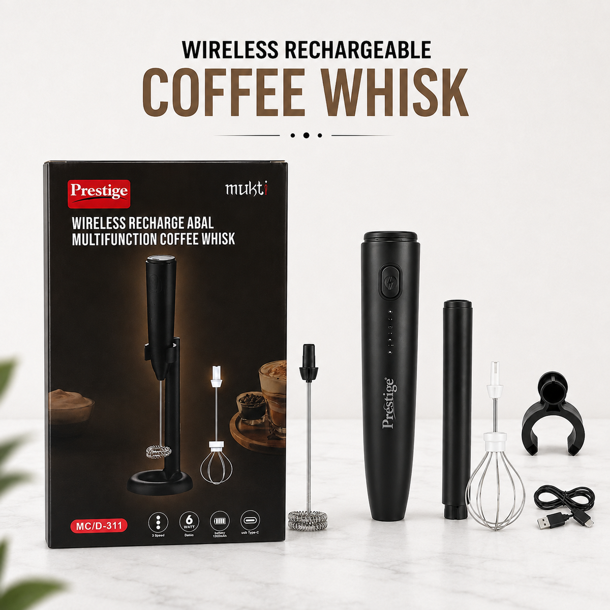 Prestige Mukt 2-in-1 Rechargeable Coffee Foamer & Milk Frother – 3-Speed Wireless Electric Handheld Whisk with Stand & Type-C Charging for Coffee, Eggs & Shakes